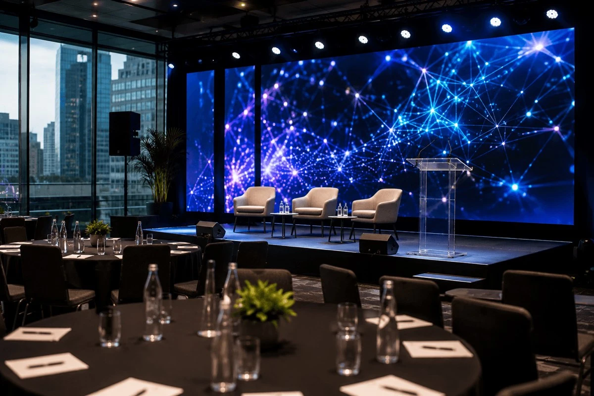 Corporate event stage with a wide LED presentation wall